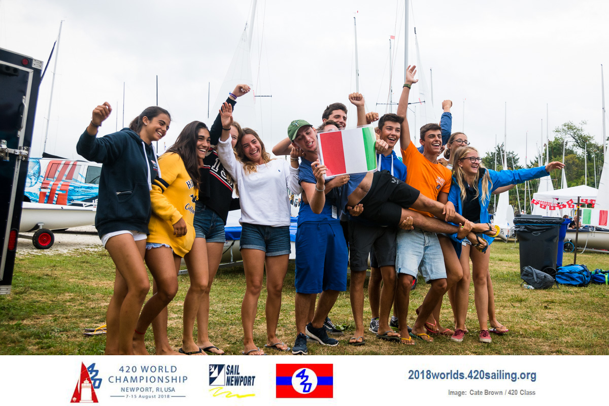 Italian 420 teams having fun in the boat park