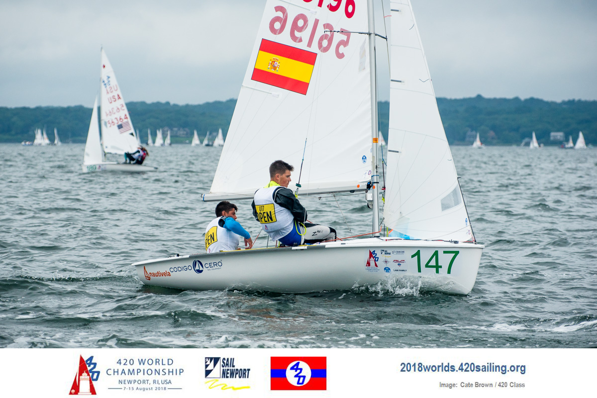 Jacobo GARCIA GARCIA and Antoni RIPOLL GONZLEZ (ESP 56196) dialing in a race on their way to first place overall in the 420 U17 Fleet. Cate Brown Image